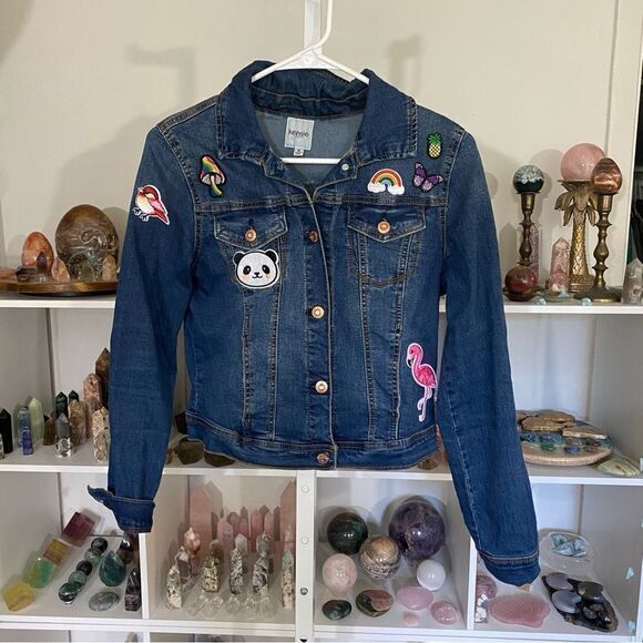 Custom patch denim jacket girlie KENSIE small blue denim cotton - Picture 3 of 10